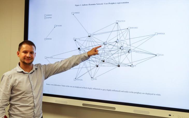 Alejandro Ros, subdirector del Grado en Marketing y Dirección Comercial, muestra las redes de interacción obtenidas en su estudio sobre el éxito de los vídeos.