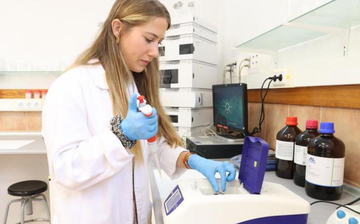 La investigadora Lucía Plana en el laboratorio de la Facultad de Farmacia y Nutrición de la UCAM.