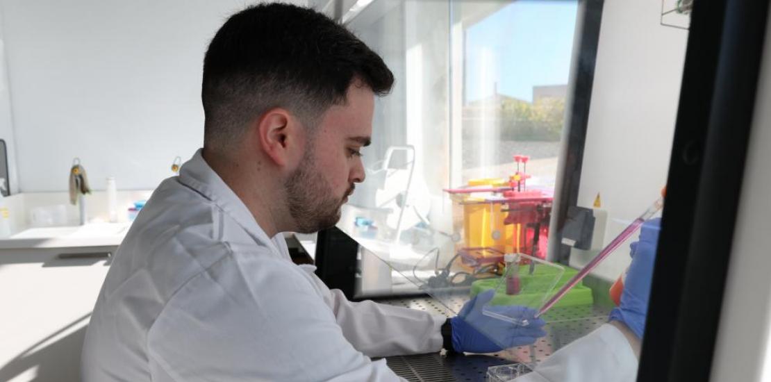 El investigador Mariano de la Piedad Marín-Blázquez Hervás, trabajando en el laboratorio de Biología Molecular de UCAM HiTech.