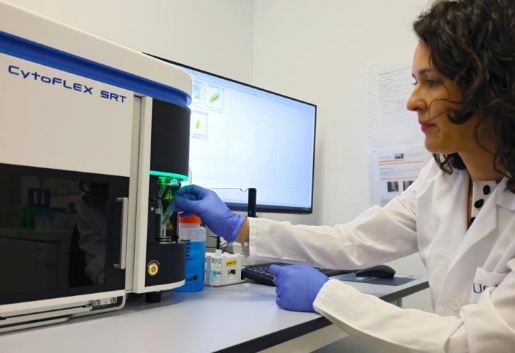 La científica de la UCAM, Adriana Ordóñez, utilizando el separador celular para su investigación 